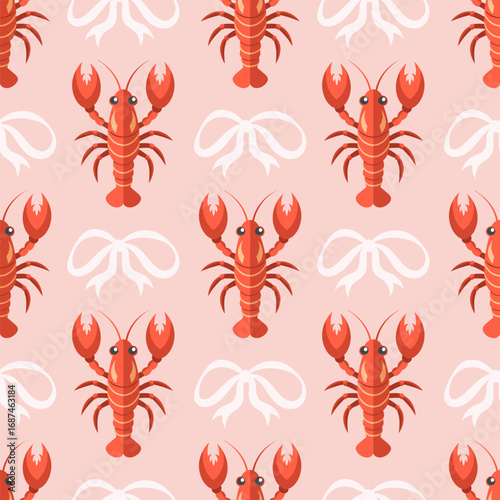 Seamless pattern with lobsters and bows on a pink background. Summer repeating seafood pattern. Mediterranean coastal design background.