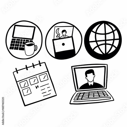Hand drawn doodle icons of work from home concept vector illustration