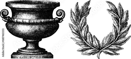 Elegant engraved illustration set of marble urn and laurel wreath for decorative design