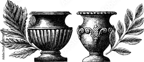 Engraved illustration set with marble urn and acanthus leaves, vintage sketch hand drawn design.
