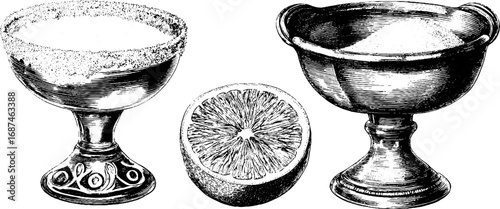 Vintage engraved illustration set of margarita glass and citrus slice for design and decoration