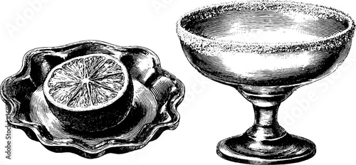 Vintage margarita glass and lime slice engraving for retro bar design