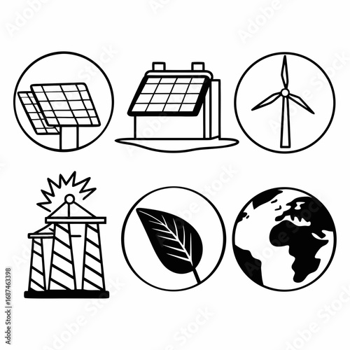 Renewable energy sources icons, including solar, wind, hydro, and geothermal