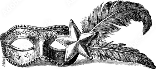 Engraved illustration set with mask feather and star, vintage sketch hand drawn design.

