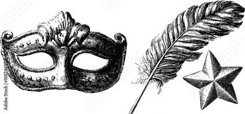 Vintage engraved illustration set of masquerade mask, feather, and star for retro design