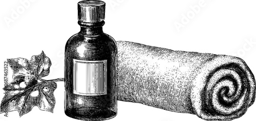 Vintage engraved illustration set of massage oil bottle with leaf and towel for relaxation and spa design