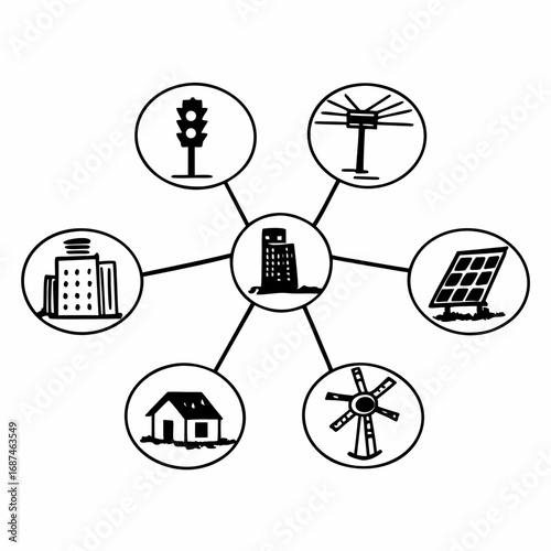 Smart city and energy grid concept with buildings, traffic lights