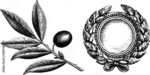 Vintage engraved medallion ornament set with laurel wreath and olive branch