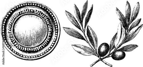 Vintage medallion and olive branch ornament design for engraving collection