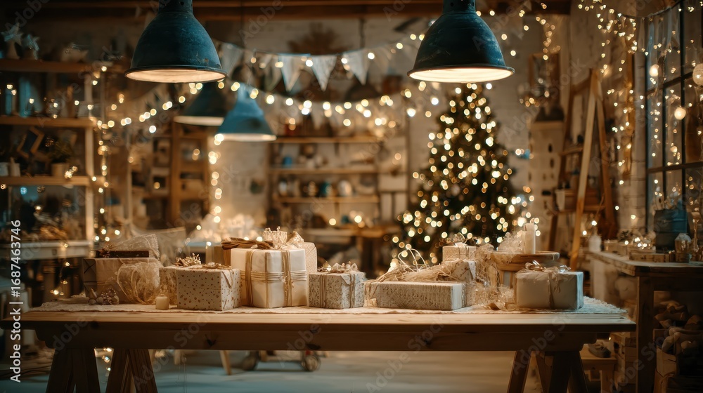 Fototapeta premium decorated xmas table with merry christmas gifts in cozy santa home interior banner happy new year presents boxes in workshop late in night with lights on xmas tree holiday eve background no logos no 
