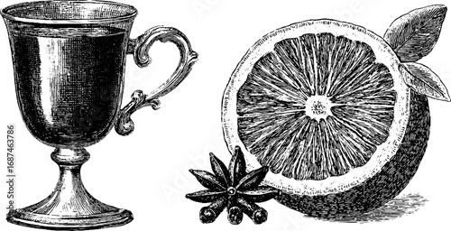 Vintage engraved set of mulled wine glass with citrus and spices for holiday design