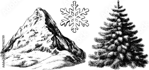 Engraved illustration set of mountain peak, snowflake, and evergreen tree for nature-themed design