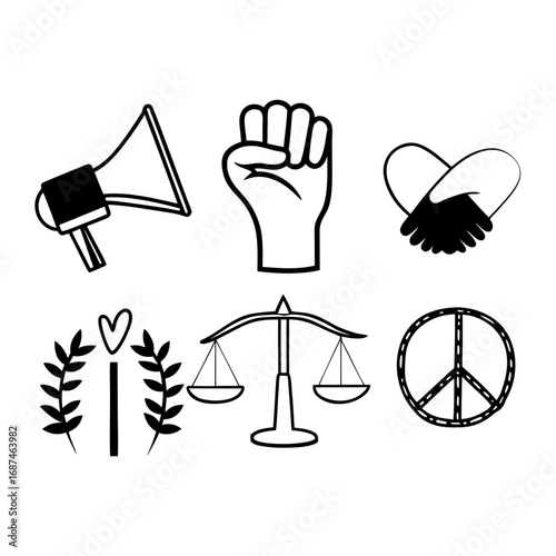 Illustration of peace symbol, raised fist, megaphone, and scales