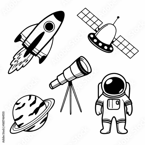 Illustration of a rocket, satellite, telescope, astronaut, and planet