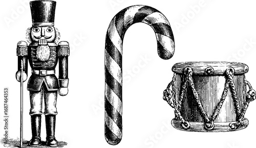 Engraved vintage nutcracker soldier with drum and candy cane set for holiday decor