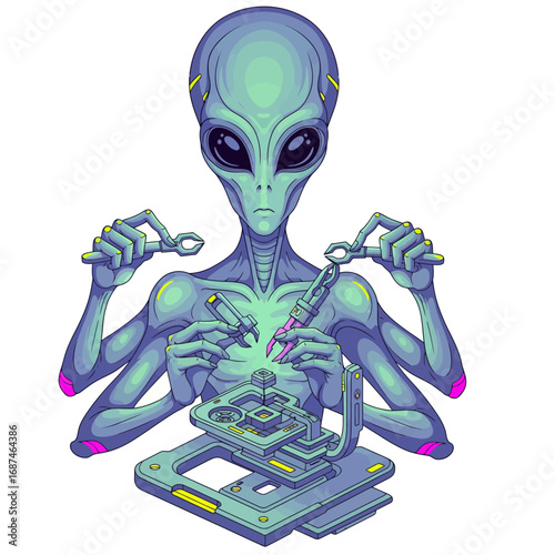 Alien craftsman at work, a sci-fi icon showing a gray alien using futuristic tools and a microscope to create technology