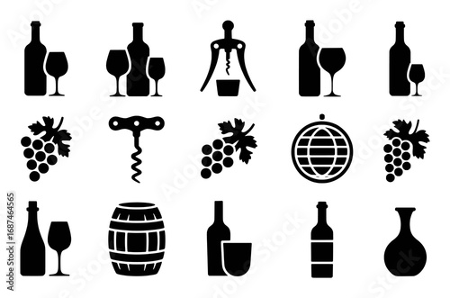 Collection of Wine and Vineyard Icons: Bottles, Glasses, Grapes, and Barrels