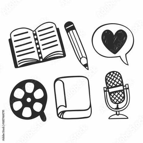 Hand drawn media and content creation icons