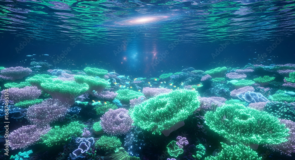 Fototapeta premium Vibrant coral reef teeming with life, illuminated by ethereal underwater light, creating a mesmerizing and otherworldly aquatic landscape