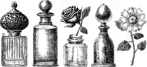 Vintage perfume bottle collection with floral elements - retro design for decoration