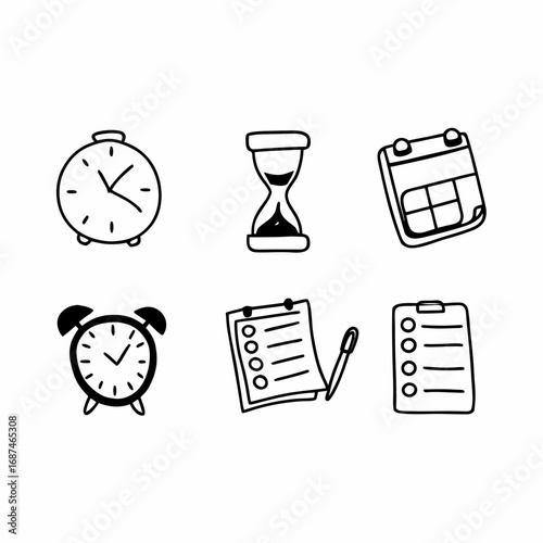 Hand drawn time management icons clock, calendar, hourglass, and more