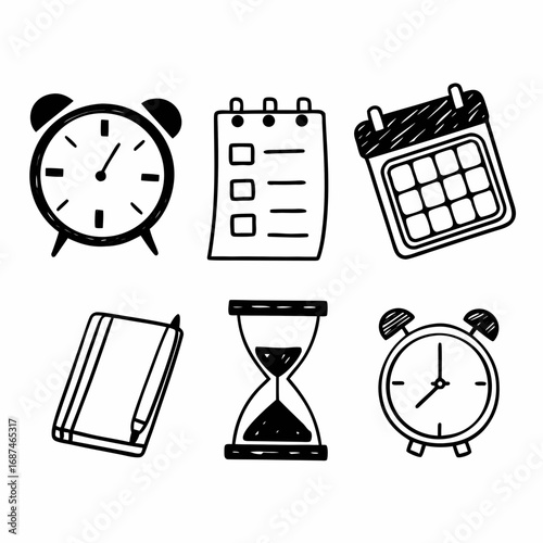Hand drawn time management icons clock, calendar, and checklist