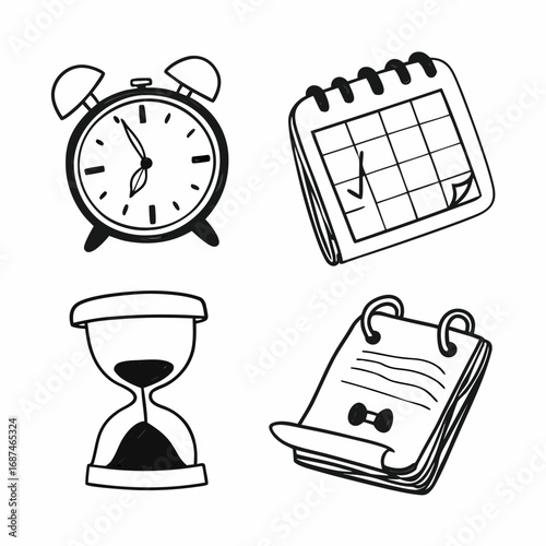 Illustration of clock, calendar, hourglass, notebook