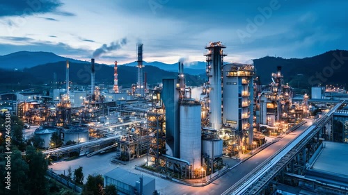 Wallpaper Mural Beneath the tranquil evening sky, a lively industrial landscape comes to life with shimmering lights and towering structures. Smoke gently rises as operations continue in harmony. Torontodigital.ca