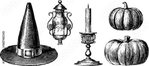 Vintage thanksgiving elements: engraved pilgrim hat, pumpkin, candle, gourds for seasonal design