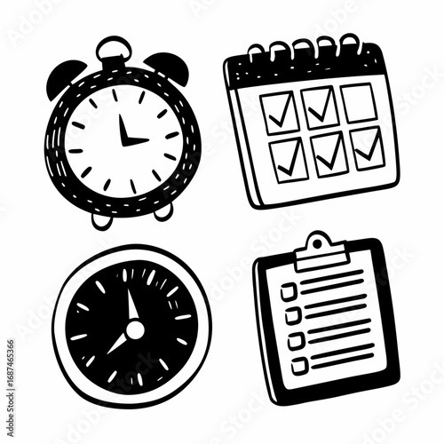 Clock, calendar and clipboard icons representing time management