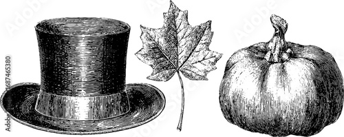 Thanksgiving harvest theme: engraved pilgrim hat, maple leaf, and pumpkin illustration set