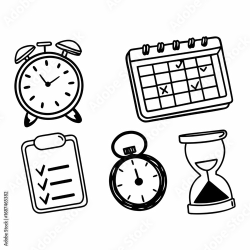 Clock, calendar, clipboard and hourglass icons representing time management