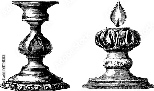 Vintage engraved illustration set of pillar candles and holders for retro decor design