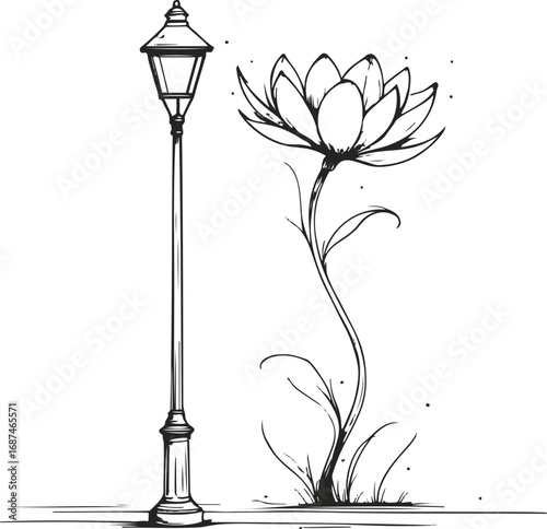 Minimal black and white line drawing of a street lamp blooming with flowers instead of light, surreal doodle vector style 1