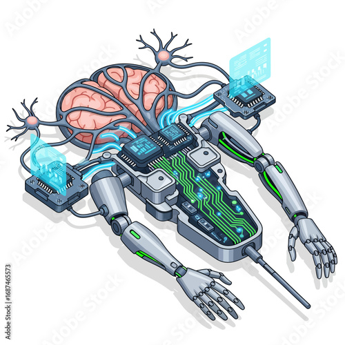 Cybernetic implant vector illustration of a cyborg body with bionic arms, brain, and nervous system integrated with technology