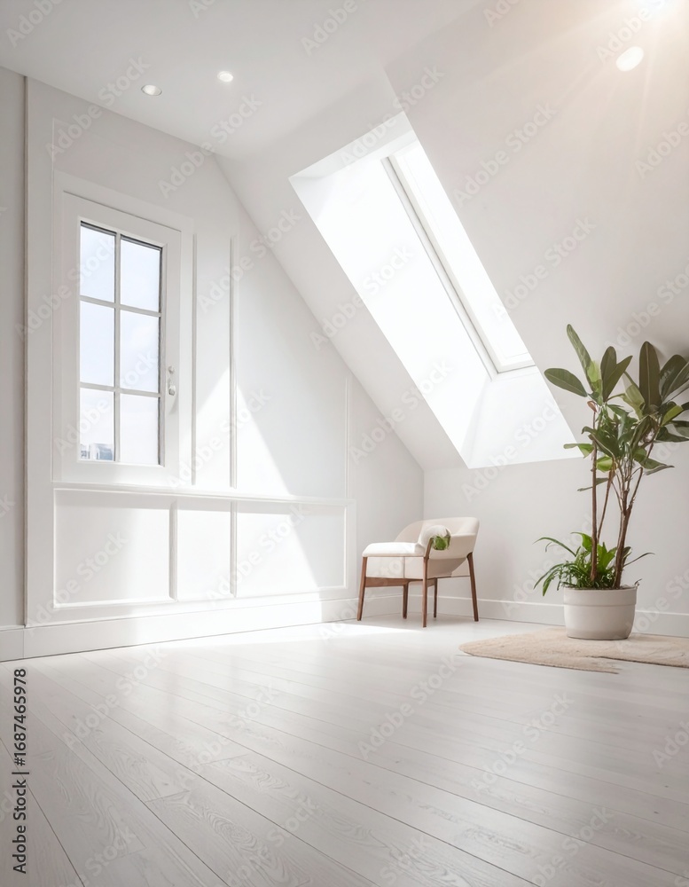 Fototapeta premium A bright, minimalist attic room with an elegant armchair and natural light
