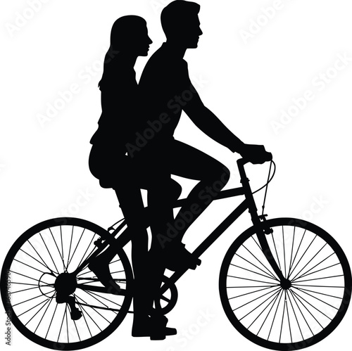 Couple riding tandem bicycle silhouette cycling