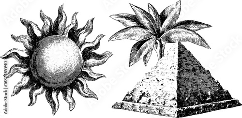 Vintage pyramid and sun engraving design for posters or cards