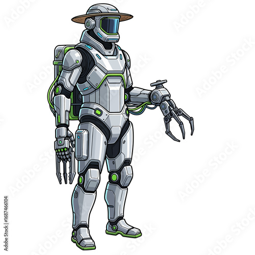 Futuristic Farmer Vector of a Man in a Sci-fi Suit with an Industrial Claw