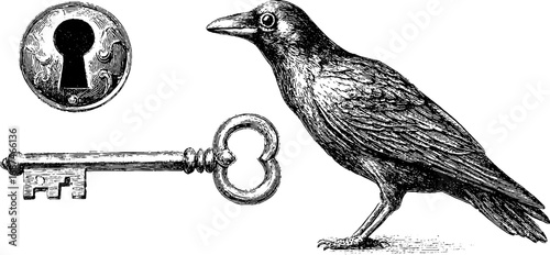 Vintage engraved illustration set of raven and key for retro design and decoration