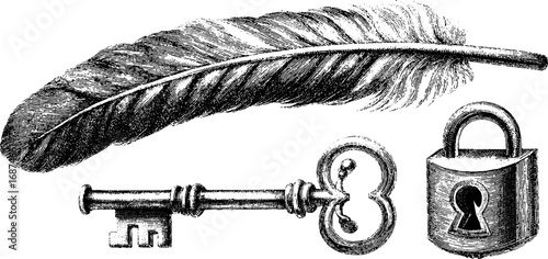 Intricate engraved collection of raven feather key and lock for retro design