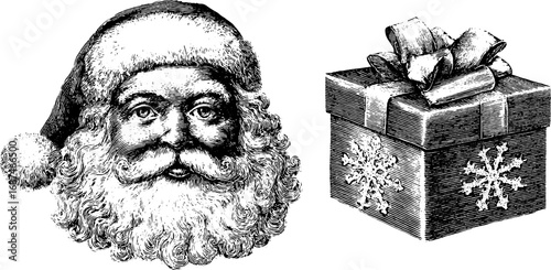 Vintage engraved collection of santa claus head and gift box for holiday decor