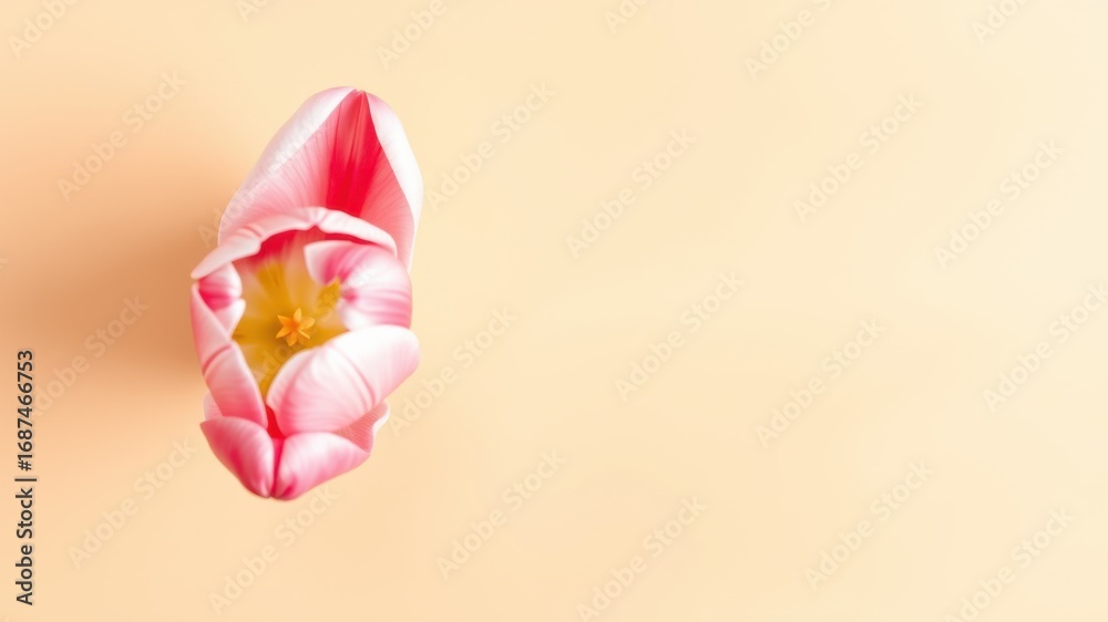 Fototapeta premium Delicate pink tulip bud unfolding petals revealing vibrant yellow center on soft peach background
