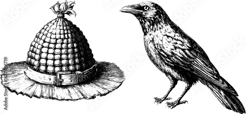 Vintage engraved illustration set of scarecrow hat and crow for retro design
