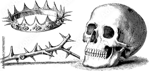 Vintage engraved sketch set of skull, crown, and thorn for retro design
