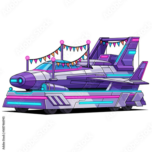 Space festival parade icon featuring a futuristic, decorated spaceship float, representing cosmic celebration and sci-fi event