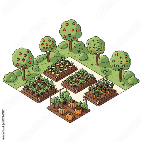 Urban food forest vector illustration with garden plots and fruit trees, representing sustainable farming and fresh food production