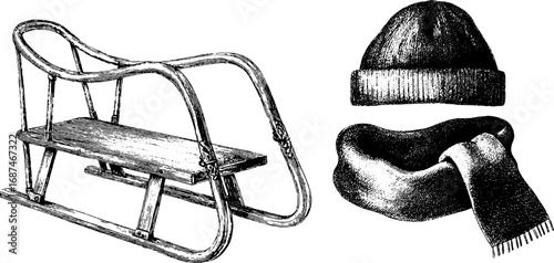 Vintage engraved illustration set of sled and wool hat for winter design