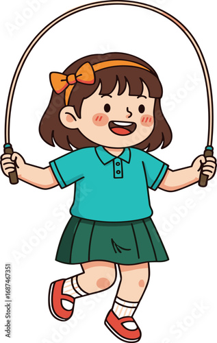 Cheerful young girl with orange bow skipping rope in playful cartoon vector style, enjoying outdoor fun and active healthy childhood exercise