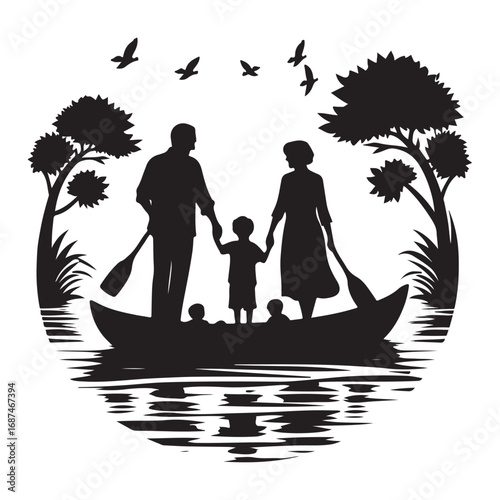 grandparents with kids vector silhouette clipart logo design illustration